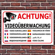 Schild Videoüberwachung Aufkleber Warnschild Hinweisschild  in 9 Sprachen Querf.