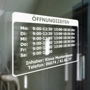 Öffnungszeiten Geschäftszeiten Inhaber Aufkleber Schaufenster Schild Glas Rahmen