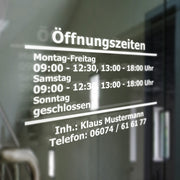 Öffnungszeiten Geschäftszeiten Inhaber Aufkleber Schaufenster Schild Glas Rahmen