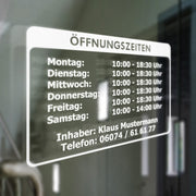 Öffnungszeiten Geschäftszeiten Inhaber Aufkleber Schaufenster Schild Glas Rahmen