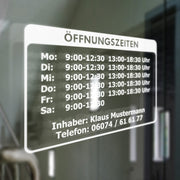 Öffnungszeiten Geschäftszeiten Inhaber Aufkleber Schaufenster Schild Glas Rahmen