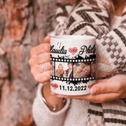 Tasse mit Wunschtext, Datum, 4 Bilder im Filmstreifendesign hochglanz Geschenk