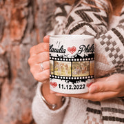 Tasse mit Wunschtext, Datum, 4 Bilder im Filmstreifendesign hochglanz Geschenk