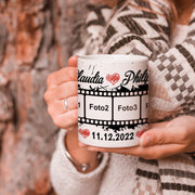 Tasse mit Wunschtext, Datum, 4 Bilder im Filmstreifendesign hochglanz Geschenk