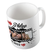 Tasse mit Wunschtext, Datum, 4 Bilder im Filmstreifendesign hochglanz Geschenk