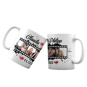 Tasse mit Wunschtext, Datum, 4 Bilder im Filmstreifendesign hochglanz Geschenk