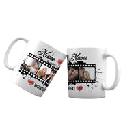 Tasse mit Wunschtext, Datum, 4 Bilder im Filmstreifendesign hochglanz Geschenk