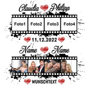 Tasse mit Wunschtext, Datum, 4 Bilder im Filmstreifendesign hochglanz Geschenk