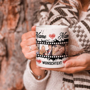 Tasse mit Wunschtext, Datum, 4 Bilder im Filmstreifendesign hochglanz Geschenk
