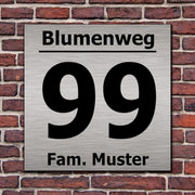 Hausnummernschild Hausnummer Straßenname in Edelstahl Design mit Befestigung
